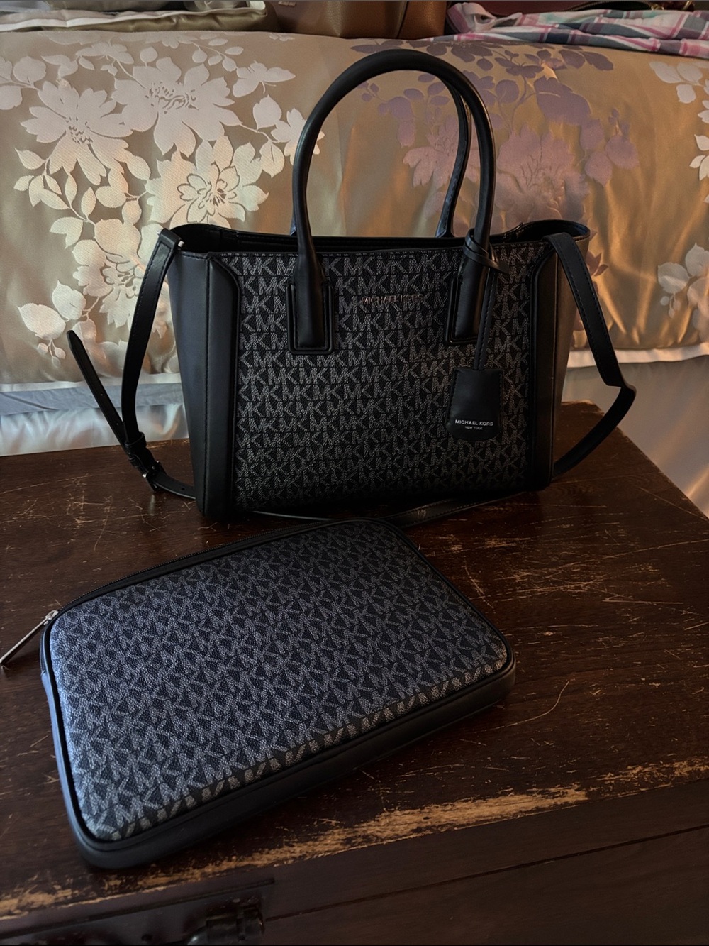 Michael Kors Black MK Logo Tote with Matching Pouch